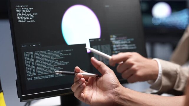 Close up view of tech specialists using a stylus to analyze software source code lines and digital interface graphic elements on a desktop computer monitor.
