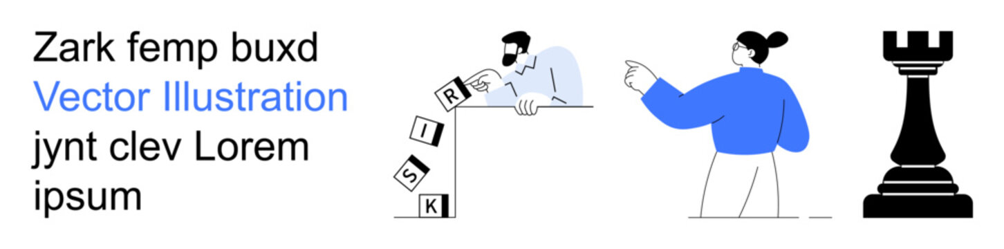 Risk analysis, leadership, decision-making, strategy, business planning, problem-solving. A person knocking over blocks labeled risk, another points at a rook chess piece. Risk analysis