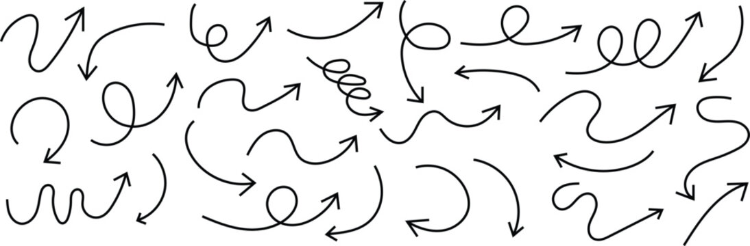 Set of hand-drawn black arrows, curvy scribble lines with arrowheads on white background