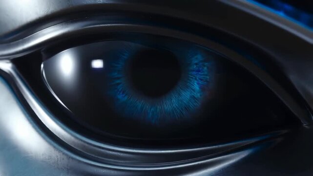 Eye robotic hyper-realistic with blue iris and metallic eyelid in futuristic design featuring artificial intelligence, sci-fi, technology with