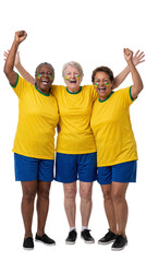 Obraz premium Three Joyful Elderly Women Cheering: Three smiling elderly women, dressed in yellow t-shirts and blue shorts, with their faces painted in national colors, celebrate with raised arms.