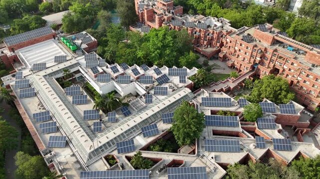 Aerial view of solar panels on office complex in Noida