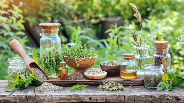 Wooden surface displays various jars and bowls of herbs, oils, and seeds, with leafy green background