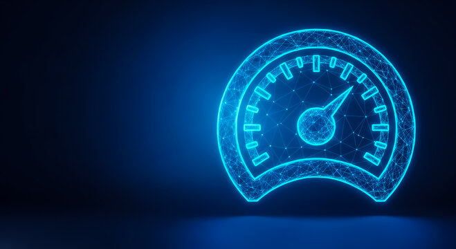 A modern, glowing blue speedometer gauge rendered in 3D with a sleek, futuristic design, set against a dark background.