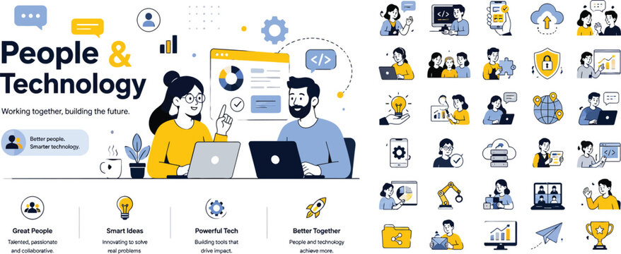People And Technology Flat Illustration Set
