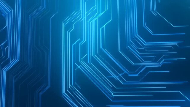 Circuit board pattern with glowing blue neon lines and futuristic connectivity, seamless dark background for technology branding