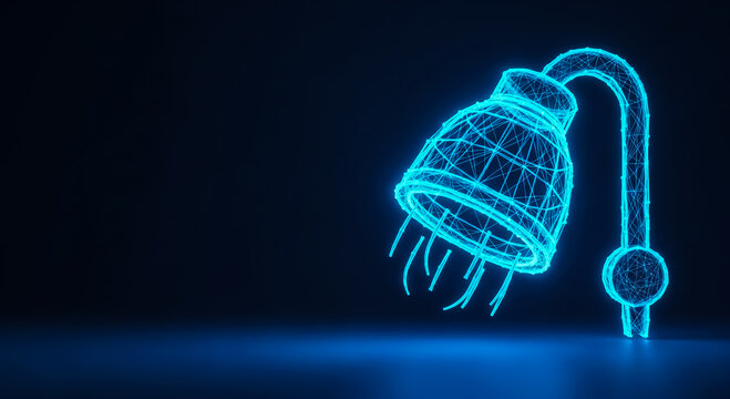 Modern shower head in neon blue with flowing water streams, depicted as a glowing wireframe on a dark background.