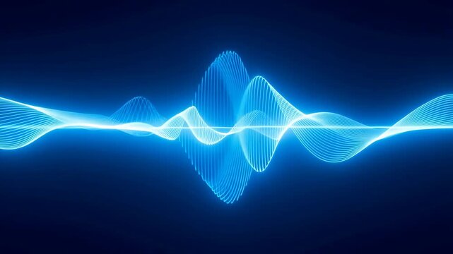 Waveform glowing with blue light and intricate patterns on dark background featuring digital, abstract, science with technology and futuristic