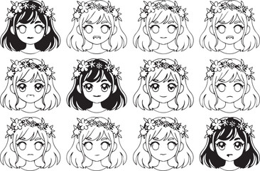 Fototapeta premium Collection of various anime style female faces with flower crowns on white background