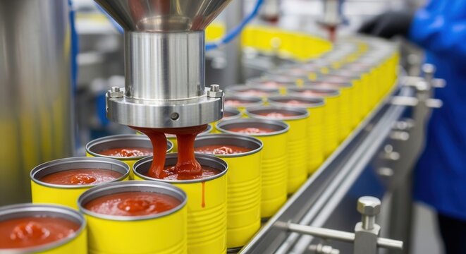 Food processing factory line filling cans with tomato paste