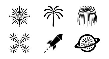 Diverse Firework Icons Set, Celebration Pyrotechnics Vector Graphics, Festive Explosions and Rocket Symbols for Holiday Design © Zannatul