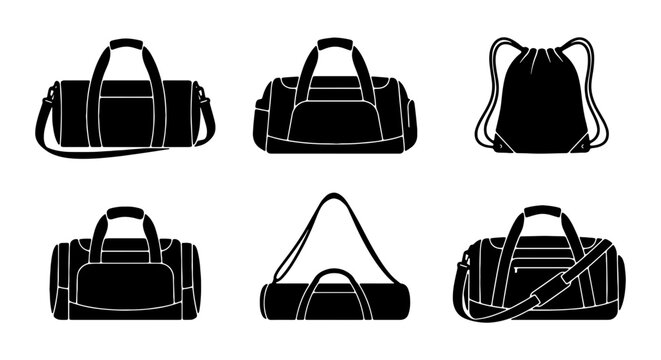 Black Silhouette Duffel Bags and Drawstring Backpacks, Versatile Sports Gear Icons for Gym and Travel