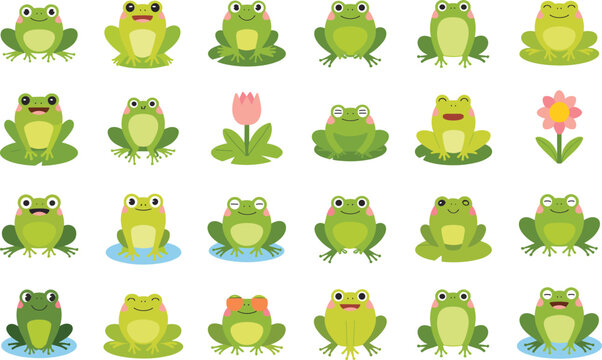Collection of cute frog character stickers in flat style isolated for children scrapbook designs