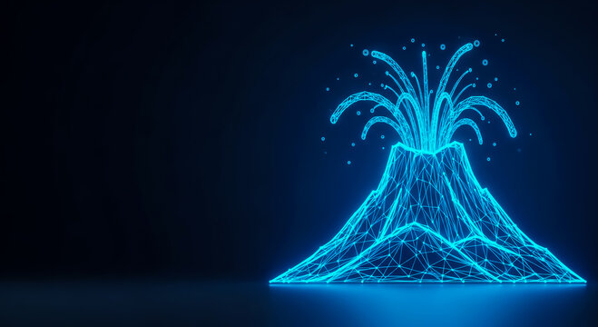 A stylized digital volcano eruption with glowing blue lines and particles, set against a dark background. Modern, abstract design.