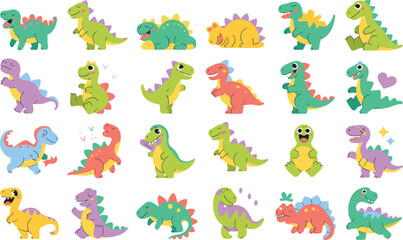 Cute cartoon dinosaurs set with various colorful prehistoric characters and happy reptile emotions © Mofajjol