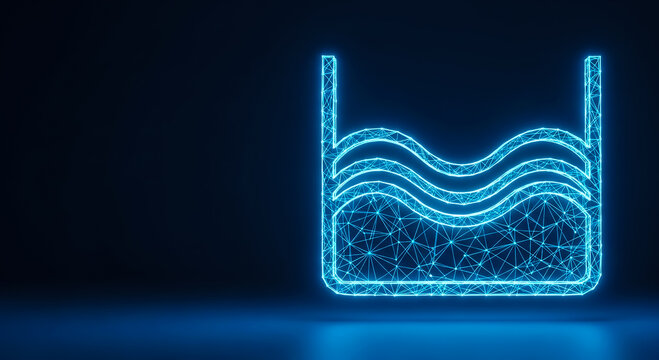 A futuristic, glowing blue illustration of layered waves or data streams inside a rectangular structure, symbolizing technology, data flow, or signal processing in a digital context.
