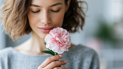 Naklejka premium Woman holding a soft flower in a tender portrait, natural femininity, gentle self-expression, floral lifestyle photography, defocused background, with copy space