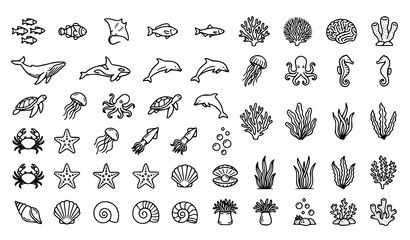 Minimal Ocean Animal Line Icons with Marine Fish Coral Seaweed and Underwater Creatures © MdShojib