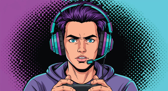 A vibrant pop art comic illustration features a focused young man holding a game controller and wearing a gaming headset against a purple and cyan halftone background.