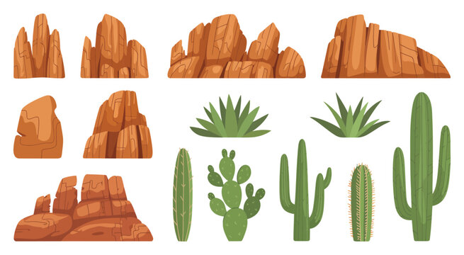Cartoon Desert Landscape Vector Constructor Featuring Canyon Cliffs, Rock Formations, Saguaro Cacti and Prickly Pear Plants for Animation and Design Projects