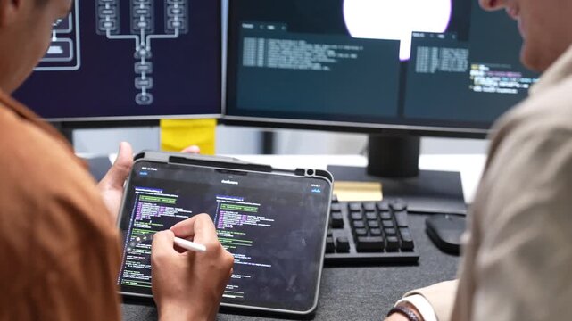 Over the shoulder view of tech developers analyzing software coding lines and circuit architectures across dual monitor desktop screens in a startup office.