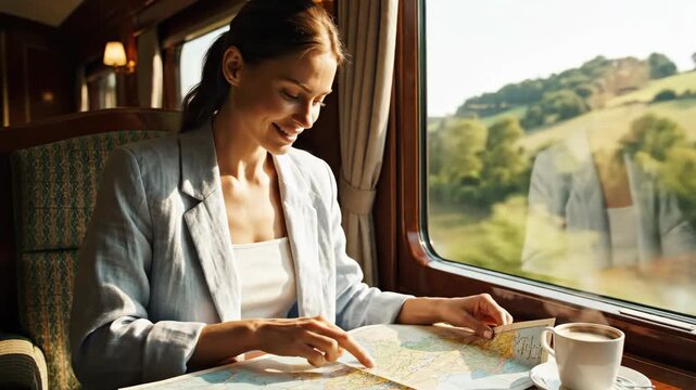 Young woman planning a trip with a map on a train ride. Female traveler drinking coffee and looking out the window