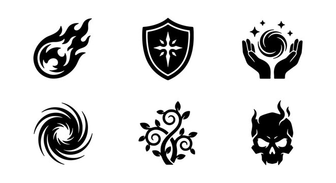 Magic Icons Set: Fireball, Shield, Spell, Vortex, Plant, Skull, Fantasy Symbols