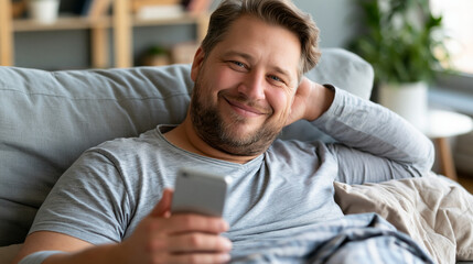 Obraz premium Overweight man taking a relaxed selfie while lying in bed at home, body positivity for men, comfortable self-acceptance, casual home lifestyle, with copy space