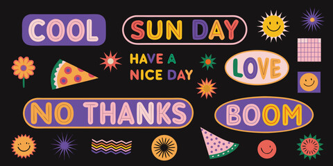 Retro sticker collection with playful typography and graphic elements © ShreeShuvoKumar