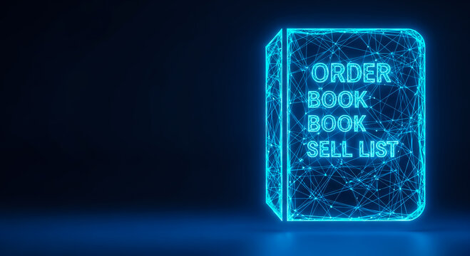 Futuristic 3D rendering of a glowing book with text 'ORDER BOOK BOOK SELL LIST' on cover, representing financial trading concepts.