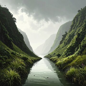 Serene valley with a calm river winding through verdant, mist-shrouded mountains