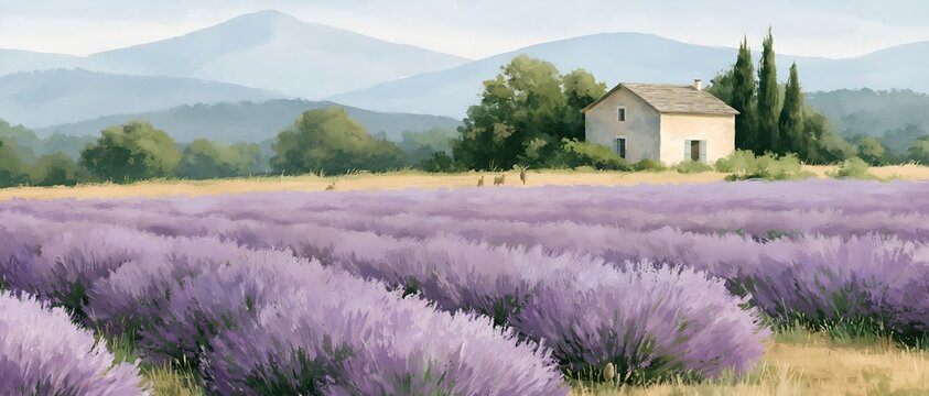 Lavender fields with stone house and mountains in background
