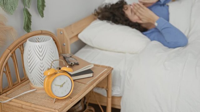 Curly woman covers ears beside yellow alarm clock on rattan bedside table in building; groggy morning.