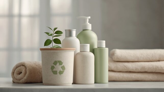 Eco-conscious bathroom setup featuring reusable bottles and greenery