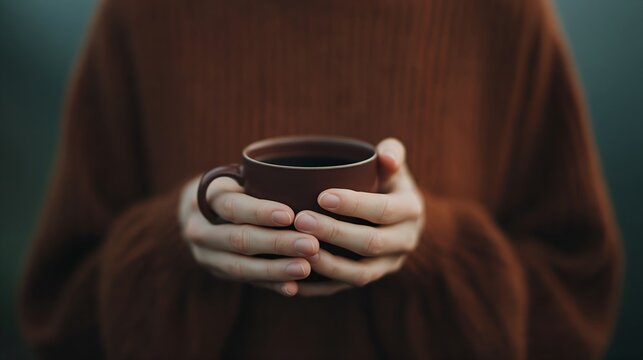 Close-up of hands holding ceramic mug of hot drink