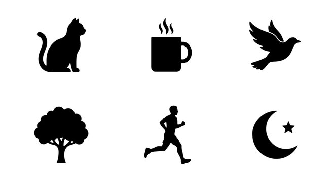 Diverse Icon Set: Cat, Coffee, Bird, Tree, Runner, Moon & Star Symbols