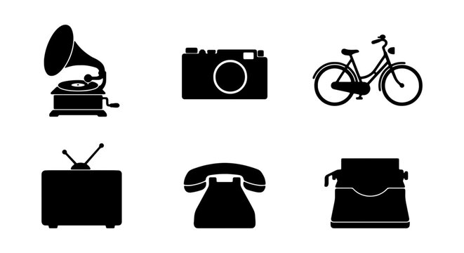 Retro Icons Collection: Vintage Camera, Gramophone, Bicycle, Telephone, Typewriter, TV