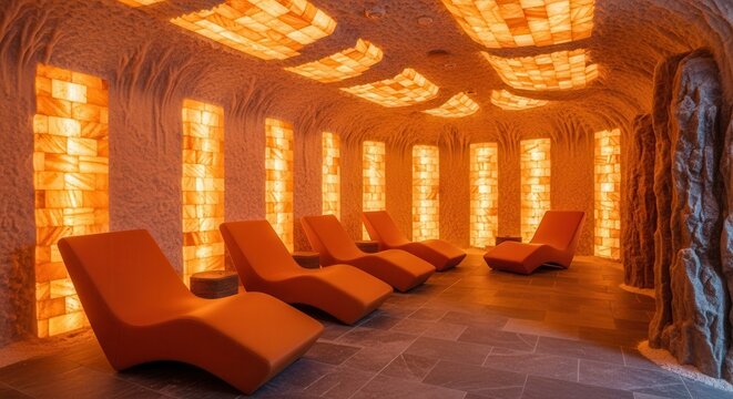 Serene Salt Room with Orange Loungers and Warm Light