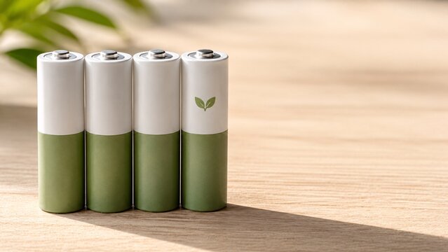Row of sustainable AA rechargeable batteries with green leaf eco friendly icon