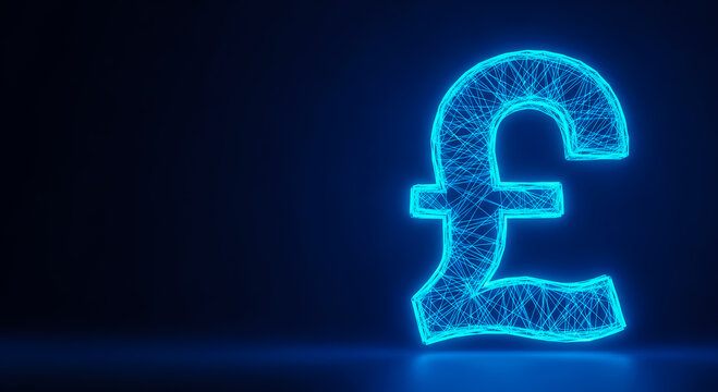 A glowing neon blue GBP symbol on a sleek, dark backdrop, representing finance and digital currency.
