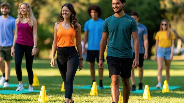Group of adults participating in outdoor bootcamp circuit on park lawn