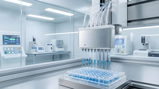 An automated multi-channel robotic pipette dispensing blue liquid into a microplate in a modern laboratory setting with nobody present