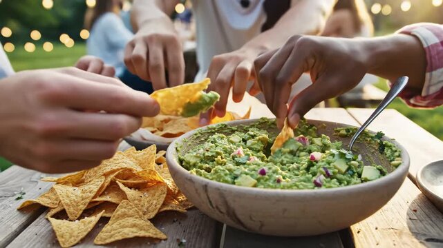 Friends eating nachos and guacamole at a backyard garden party. Close-up of diverse hands dipping tortilla chips into fresh avocado dip. Social dining concept