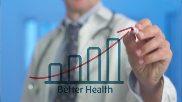 Professional medical doctor in a white coat drawing a bar chart with a rising red arrow, representing progress and positive results for better health, wellness, and medical care