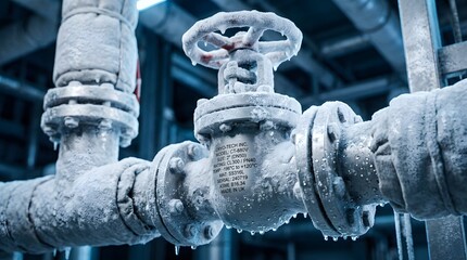 Fototapeta premium Frost-covered industrial valve on metal pipeline in cold environment with icy details