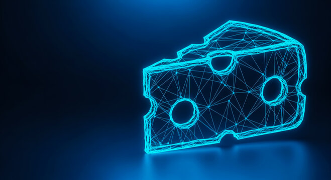 A futuristic 3D wireframe of an engine block with intricate details, highlighted in neon blue against a dark background.