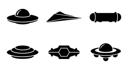 Flying Saucer Icons, UFO Silhouettes, Alien Spaceship Vector Set, Sci-Fi Craft Collection © Mizanur