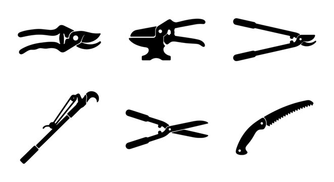 Gardening Tools Set, Pruning Shears, Loppers, Saw, Vector Icons for Horticulture