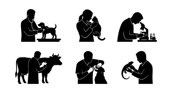 Veterinary Care Icons: Dog, Cat, Cow, Lizard, Microscope, Health Checks