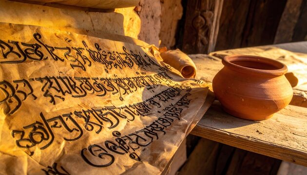 Ancient Ethiopic Geez script meticulously written on aged parchment in a historic setting